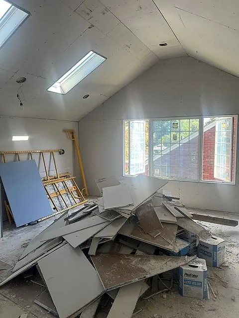 Garage studio drywalled around the windows in Lorain, Ohio