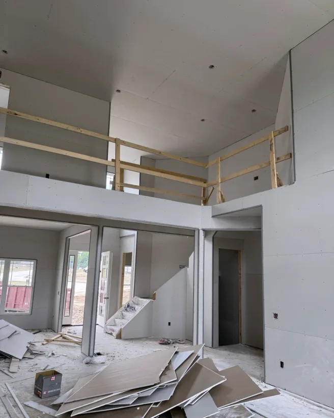 Two-story great room in Lorain, Ohio, drywall hung and finished by Mendoza Rodriguez