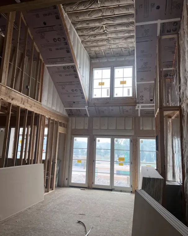 Drywall hung on a two-story wall by the Mendoza Rodriguez crew
